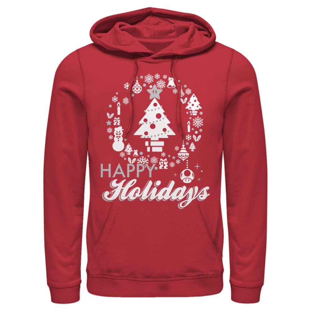 Men's Nintendo Christmas Happy Holidays Tree  Adult Pull Over Hoodie