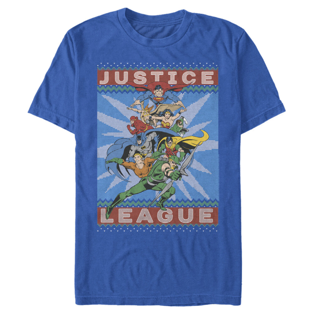 Men's Justice League Christmas Sweater Style Action Pose  Adult T-Shirt