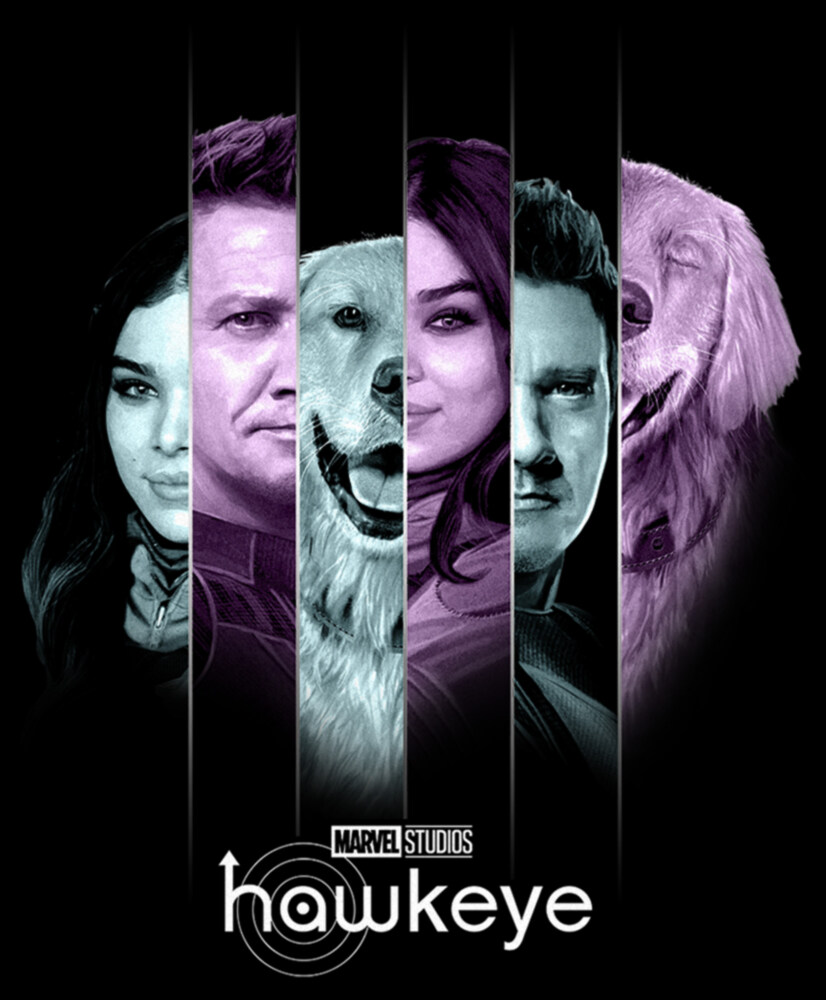 Men's Marvel Hawkeye Kate Bishop and Lucky the Pizza Dog Split Panels  Adult T-Shirt