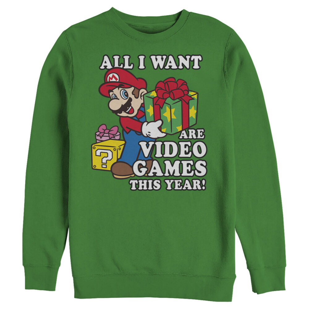 Men&#039;s Nintendo Christmas Mario All I Want Are Video Games  Adult Sweatshirt