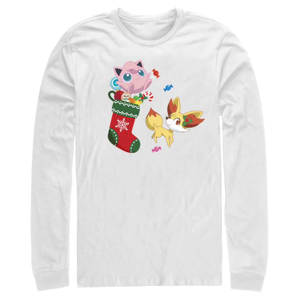 Men's Pokemon Christmas Jigglypuff and Fennekin Stocking  Adult Long Sleeve Shirt