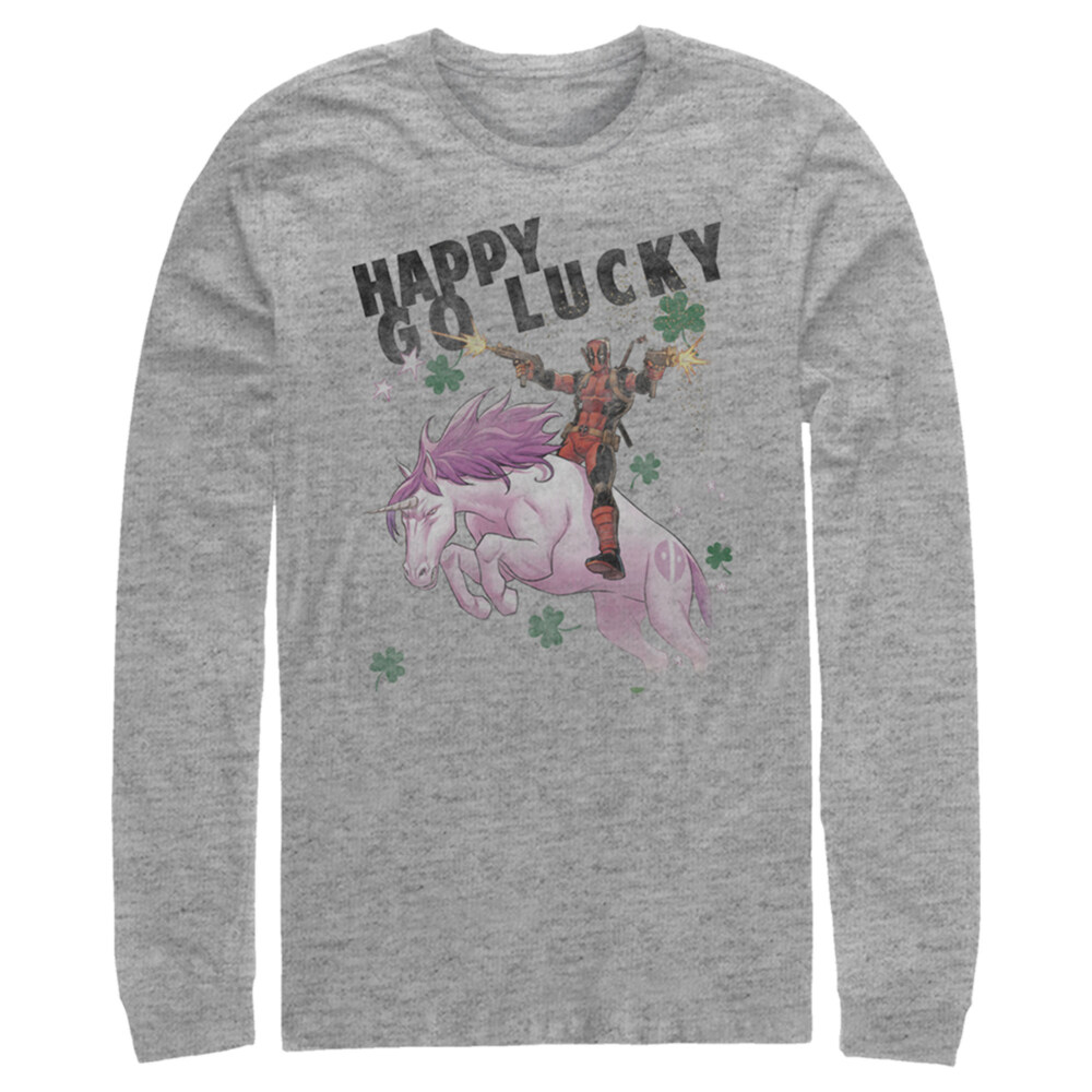 Men's Marvel Deadpool St. Patrick's Day Happy Go Lucky Unicorn  Adult Long Sleeve Shirt