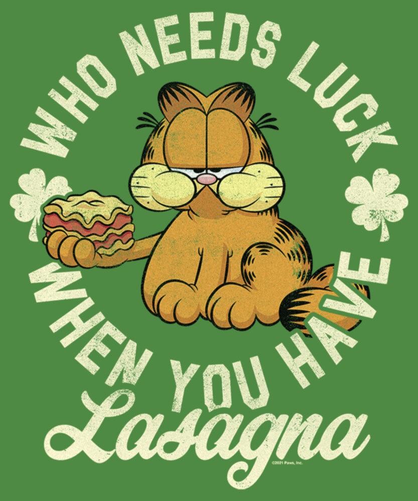 Men's Garfield St. Patrick's Day Who needs Luck when You have Lasagna  Adult T-Shirt