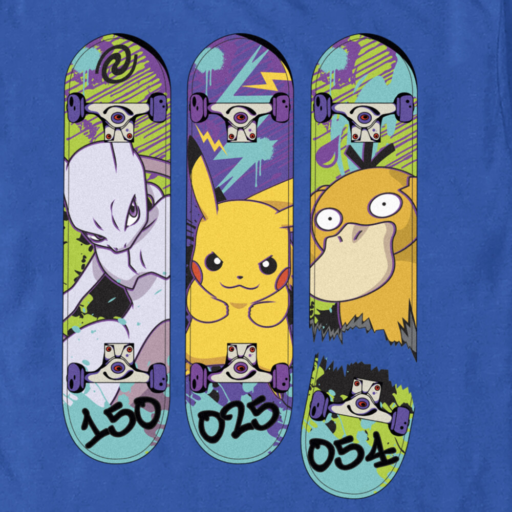 Men's Pokemon Mewtwo, Pikachu, and Psyduck Skateboard Decks  Adult T-Shirt