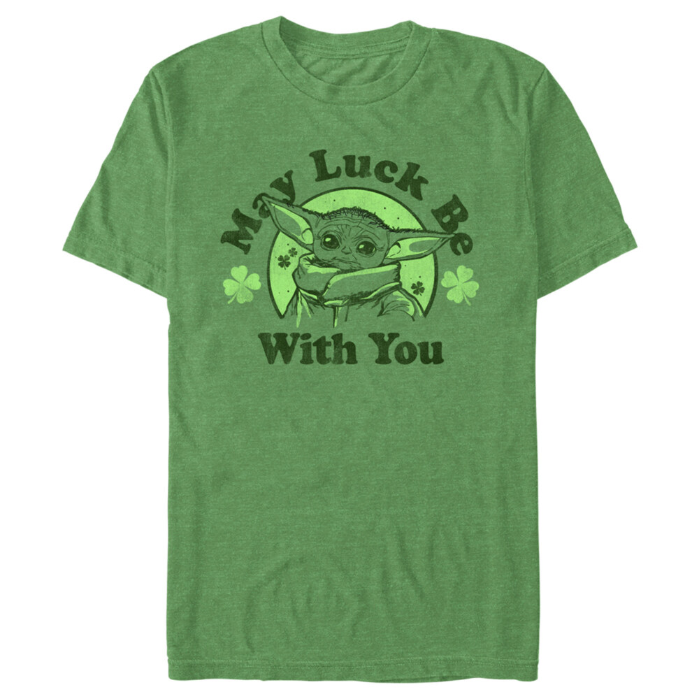 Men's Star Wars: The Mandalorian St. Patrick's Day Grogu May Luck be with You Distressed  Adult T-Shirt