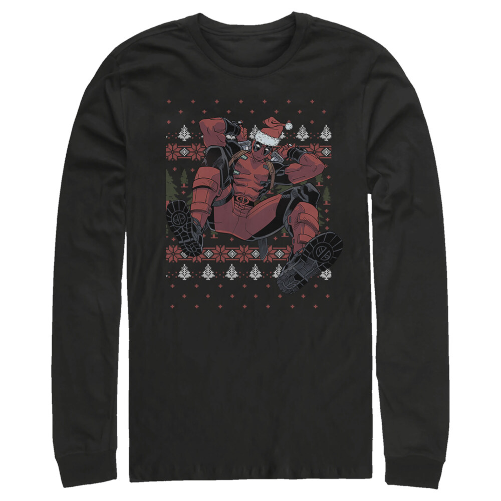 Men's Marvel Deadpool Santa Hat Ugly Sweater Holiday  Adult Long Sleeve Shirt