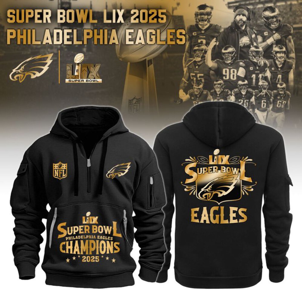 Stocktee Philadelphia Eagles Super Bowl LIX Champions Limited Edition BLACK 2D Quarter Zip Hoodie Sizes S - 5XL GTS013105