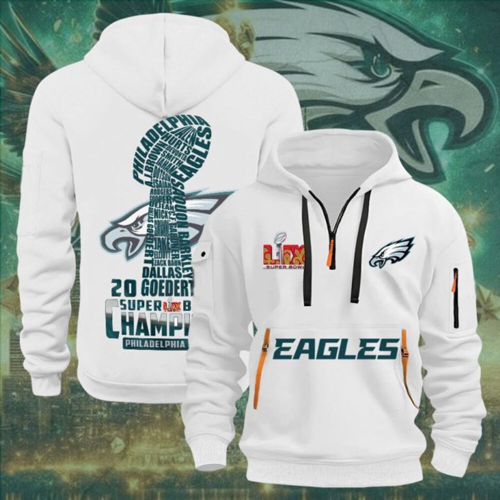 Stocktee Philadelphia Eagles Super Bowl LIX Champions Limited Edition WHITE 2D Quarter Zip Hoodie Sizes S - 5XL GTS013177