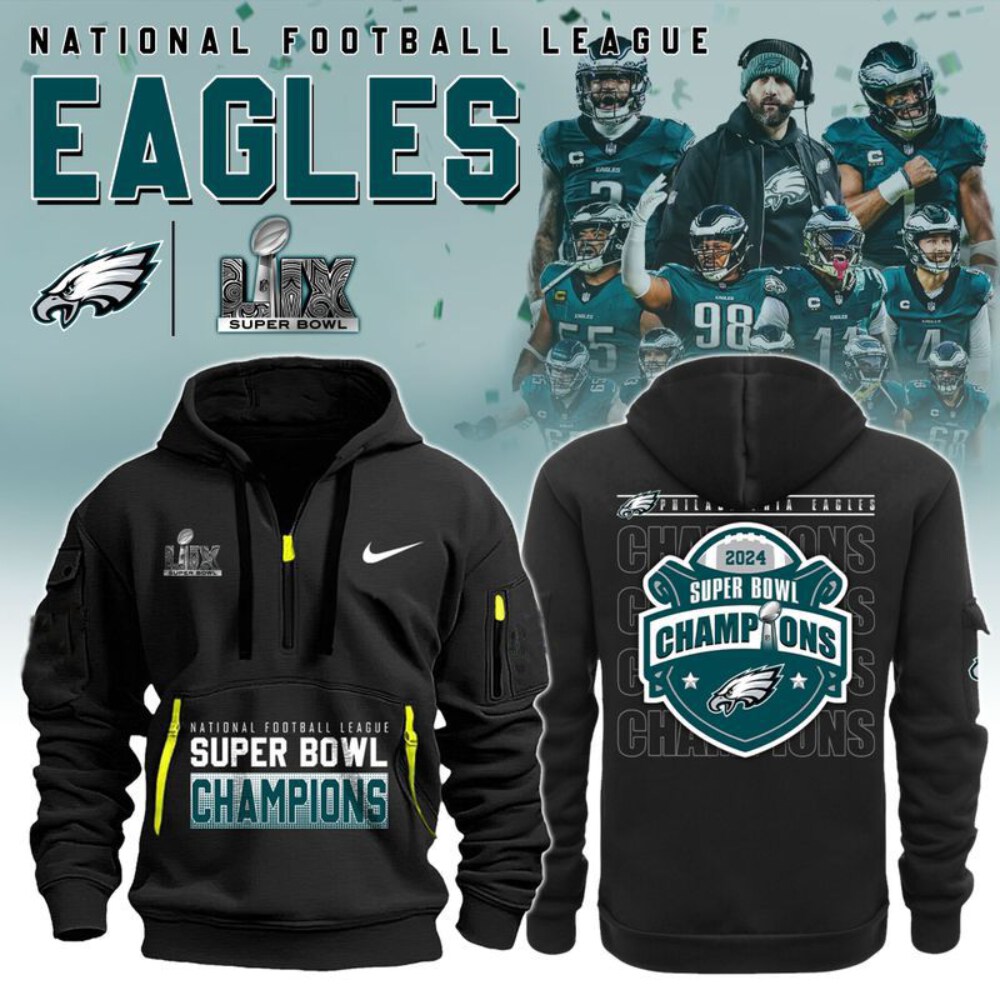 Stocktee Philadelphia Eagles Super Bowl LIX Champions Limited Edition BLACK 2D Quarter Zip Hoodie Sizes S - 5XL GTS013145