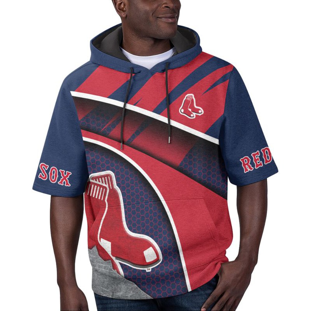 Stocktee Boston Red Sox Stripe Pattern Summer  Short Sleeve Pullover Hoodie Size S-5XL NEW036036