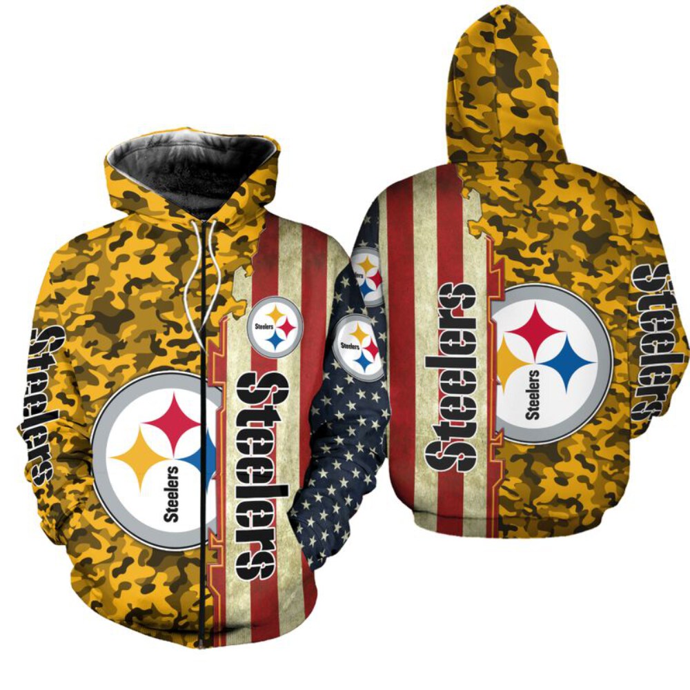 Stocktee Pittsburgh Steelers America Flag All Over Print Hoodie Zip Hoodie Unisex Size NEW075802