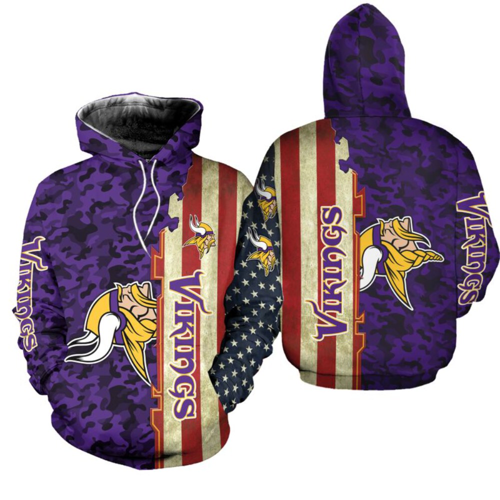 Stocktee Minnesota Vikings America Flag All Over Print Hoodie Zip Hoodie Unisex Size NEW075827