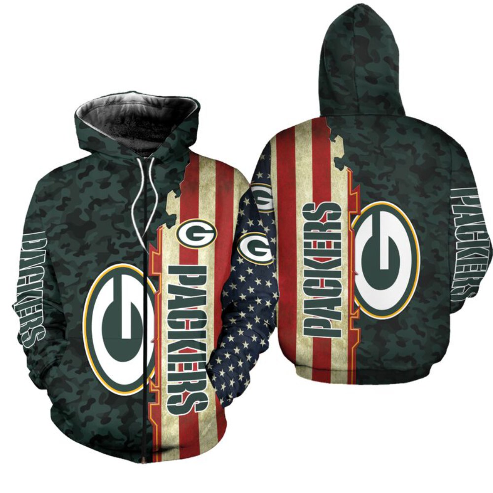 Stocktee Green Bay Packers America Flag All Over Print Hoodie Zip Hoodie Unisex Size NEW075818