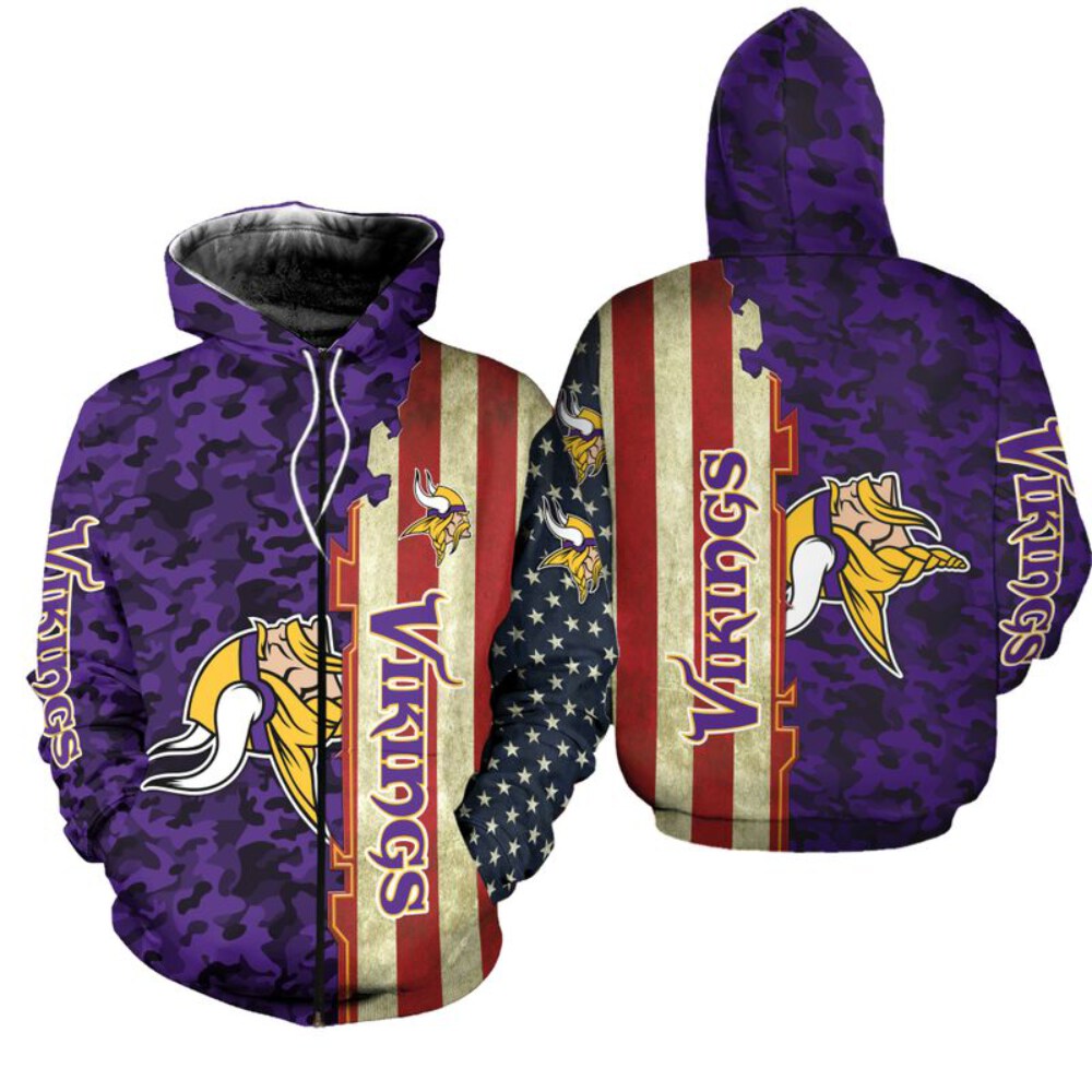 Stocktee Minnesota Vikings America Flag All Over Print Hoodie Zip Hoodie Unisex Size NEW075827