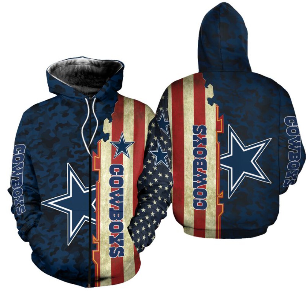 Stocktee Dallas Cowboys America Flag All Over Print Hoodie Zip Hoodie Unisex Size NEW075801