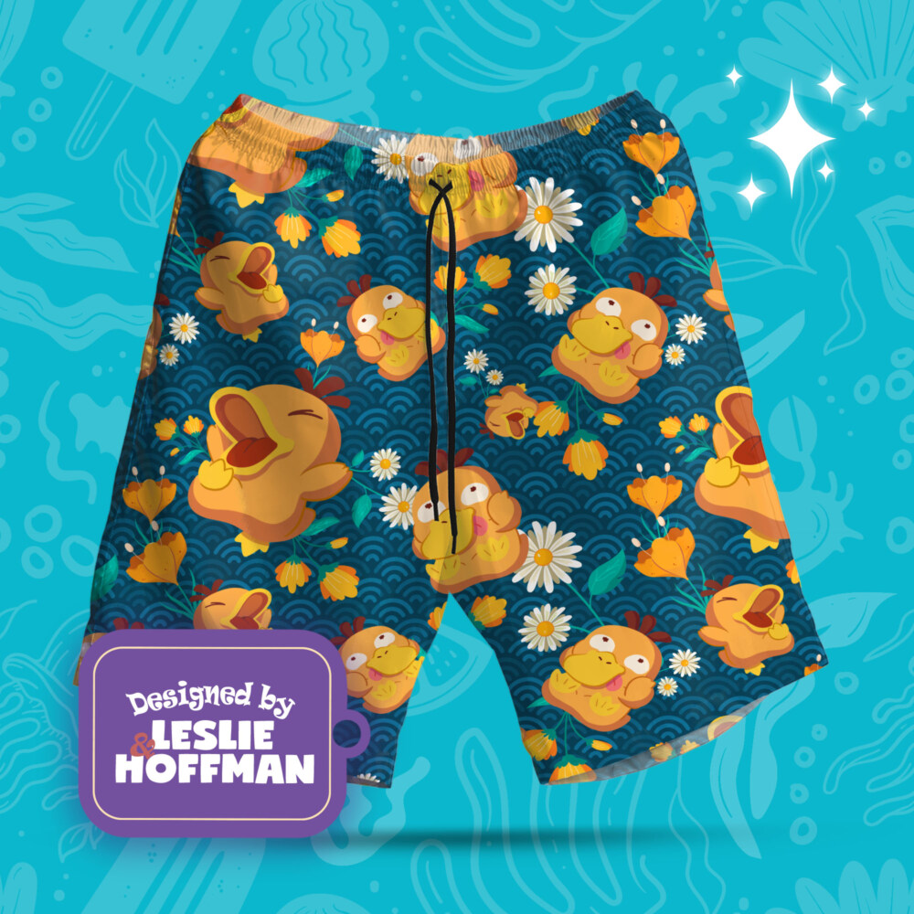 Psyduck Wave Flowers Poke Shorts, Women’s Board Shorts