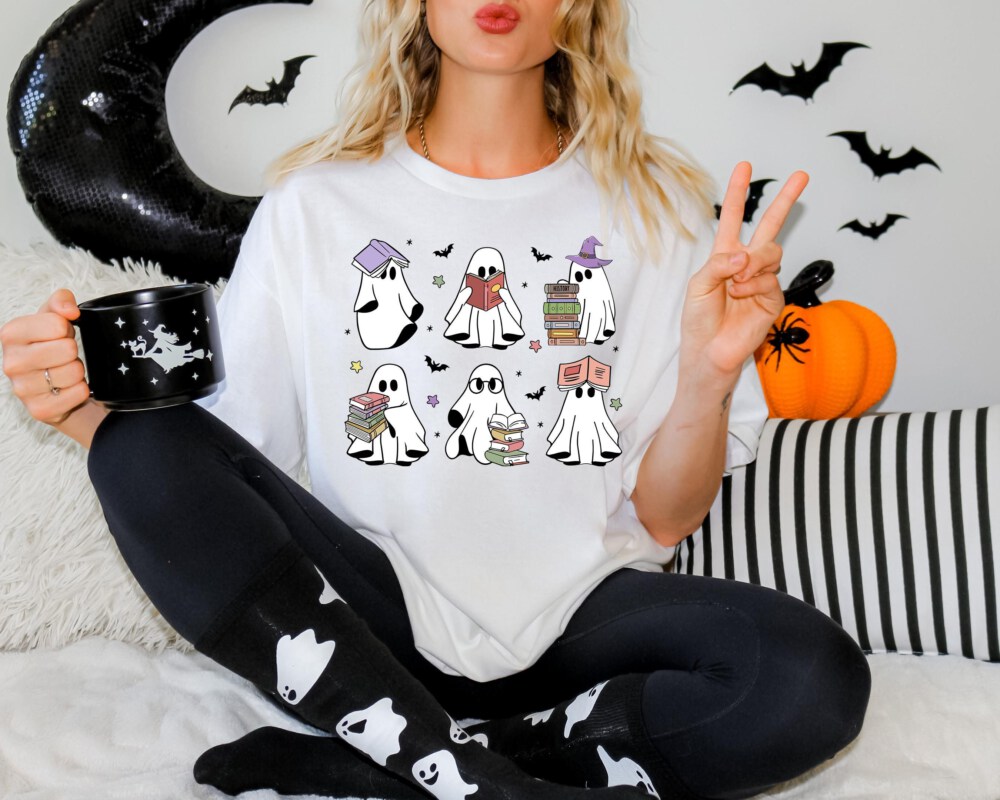 Ghosts Reading Books Shirt, Books Lover Ghost Gift, Cute Little Ghost Shirt, Womens Halloween Shirt, Spooky Season Shirt, Fall Graphic Tee