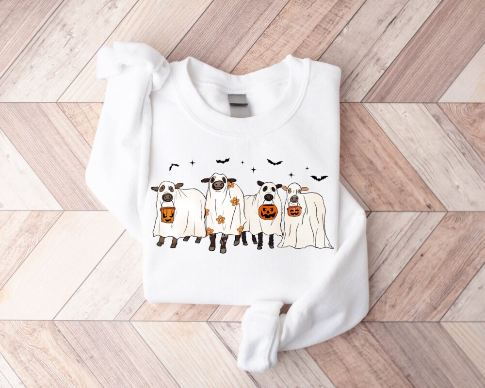 Cows Halloween Sweatshirt, Halloween Ghost Cows Sweatshirt, Spooky Cows Halloween Gifts, Cow Lovers Halloween Gift
