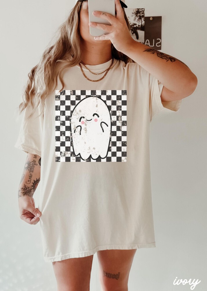 Comfort Colors® Retro Halloween Checkered Ghost Shirt, Cute Ghost Tee, Womens Halloween Shirt, Cute Fall Shirt, Spooky Season Gift For Her