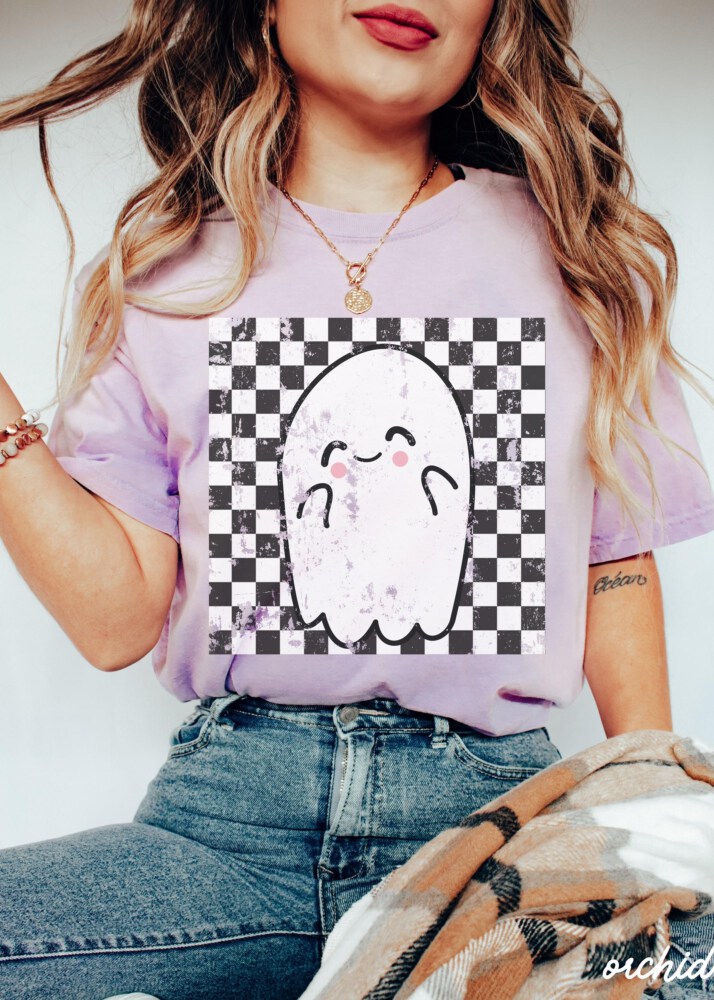 Comfort Colors® Retro Halloween Checkered Ghost Shirt, Cute Ghost Tee, Womens Halloween Shirt, Cute Fall Shirt, Spooky Season Gift For Her