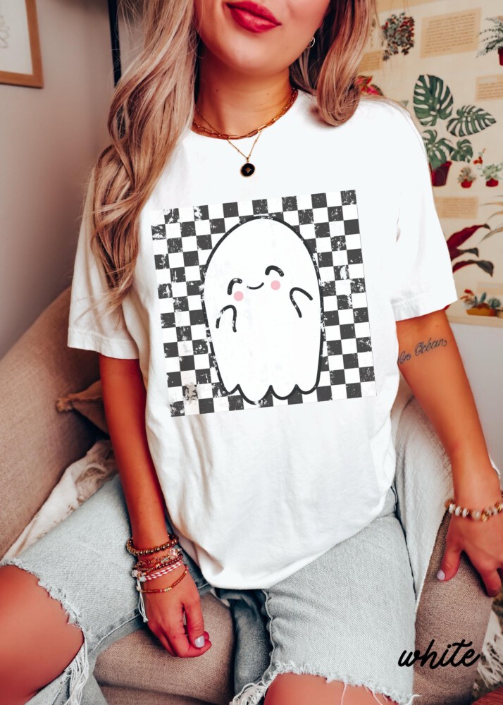Comfort Colors® Retro Halloween Checkered Ghost Shirt, Cute Ghost Tee, Womens Halloween Shirt, Cute Fall Shirt, Spooky Season Gift For Her
