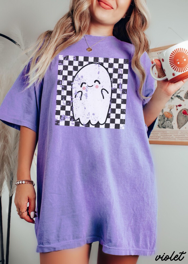 Comfort Colors® Retro Halloween Checkered Ghost Shirt, Cute Ghost Tee, Womens Halloween Shirt, Cute Fall Shirt, Spooky Season Gift For Her