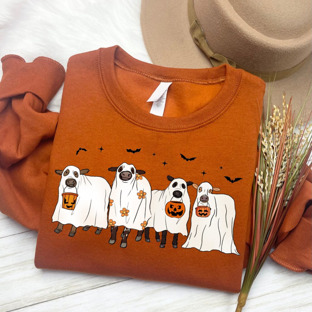 Cows Halloween Sweatshirt, Halloween Ghost Cows Sweatshirt, Spooky Cows Halloween Gifts, Cow Lovers Halloween Gift