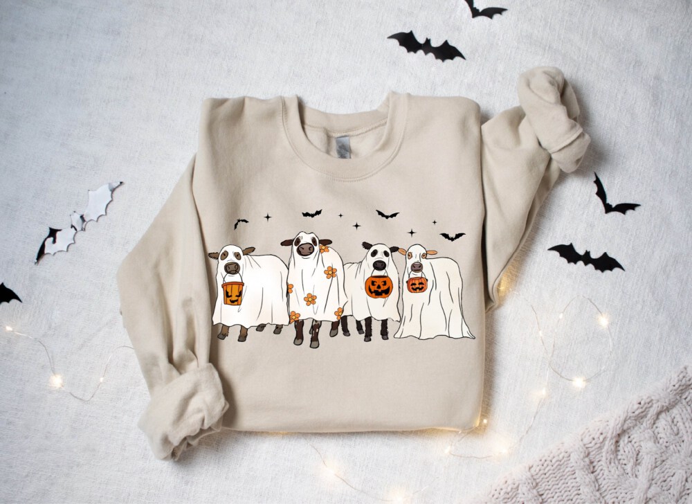 Cows Halloween Sweatshirt, Halloween Ghost Cows Sweatshirt, Spooky Cows Halloween Gifts, Cow Lovers Halloween Gift