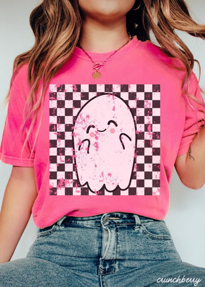 Comfort Colors® Retro Halloween Checkered Ghost Shirt, Cute Ghost Tee, Womens Halloween Shirt, Cute Fall Shirt, Spooky Season Gift For Her