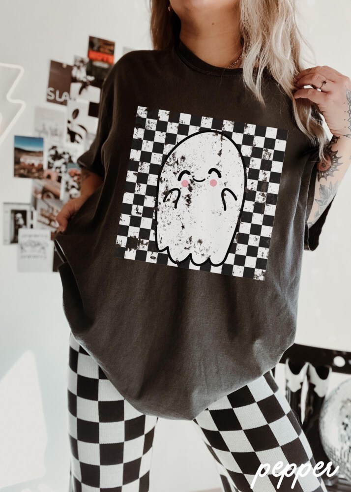 Comfort Colors® Retro Halloween Checkered Ghost Shirt, Cute Ghost Tee, Womens Halloween Shirt, Cute Fall Shirt, Spooky Season Gift For Her