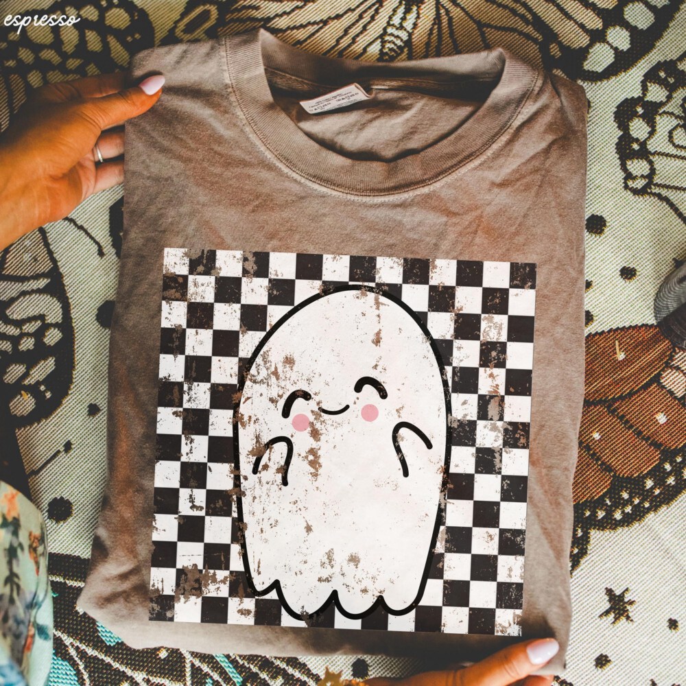 Comfort Colors® Retro Halloween Checkered Ghost Shirt, Cute Ghost Tee, Womens Halloween Shirt, Cute Fall Shirt, Spooky Season Gift For Her