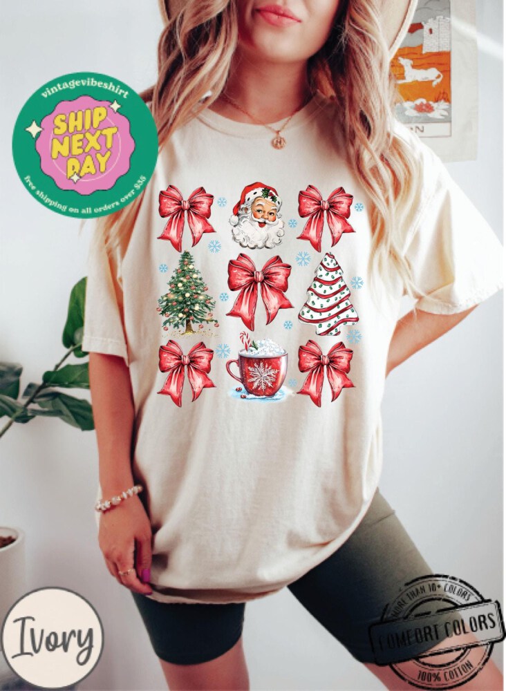 Christmas Coquette Bow Comfort Colors®, Woman Xmas Shirt, Christmas Girl Sweatshirt, Cute Winter Crewneck, Retro Holiday, Merry Christmas