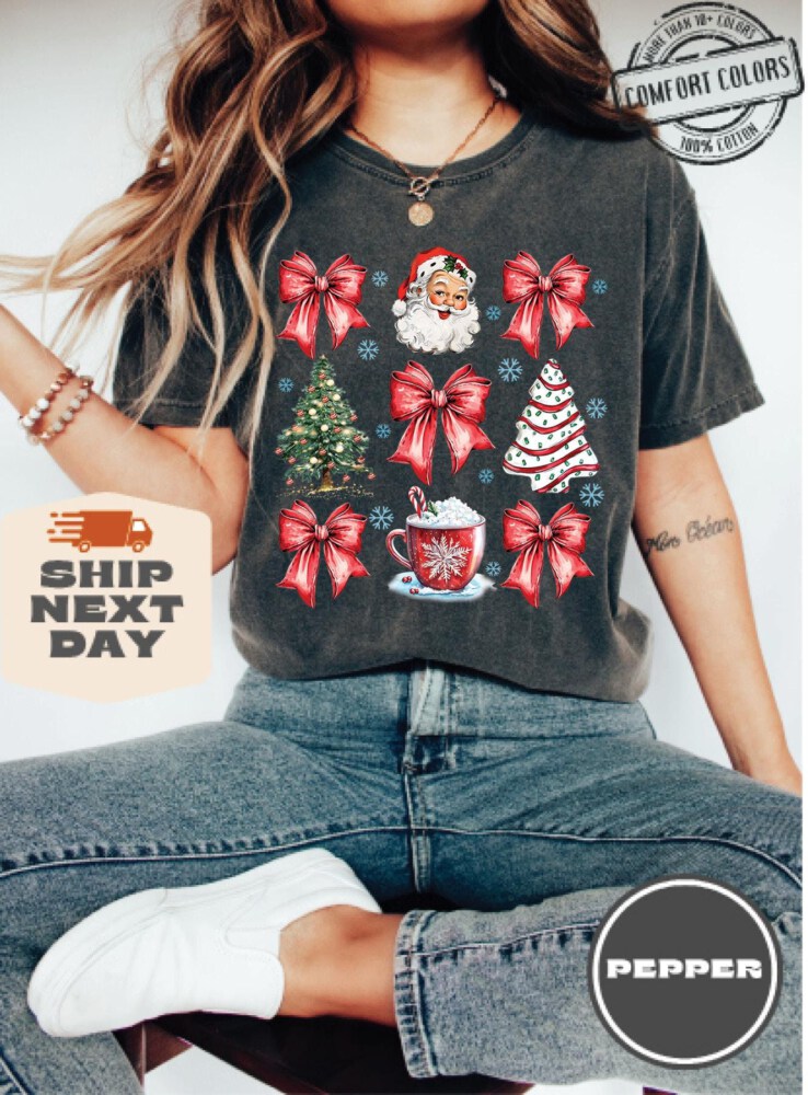 Christmas Coquette Bow Comfort Colors®, Woman Xmas Shirt, Christmas Girl Sweatshirt, Cute Winter Crewneck, Retro Holiday, Merry Christmas