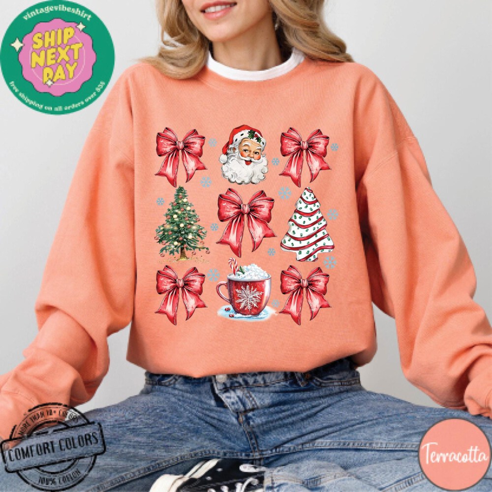 Christmas Coquette Bow Comfort Colors®, Woman Xmas Shirt, Christmas Girl Sweatshirt, Cute Winter Crewneck, Retro Holiday, Merry Christmas