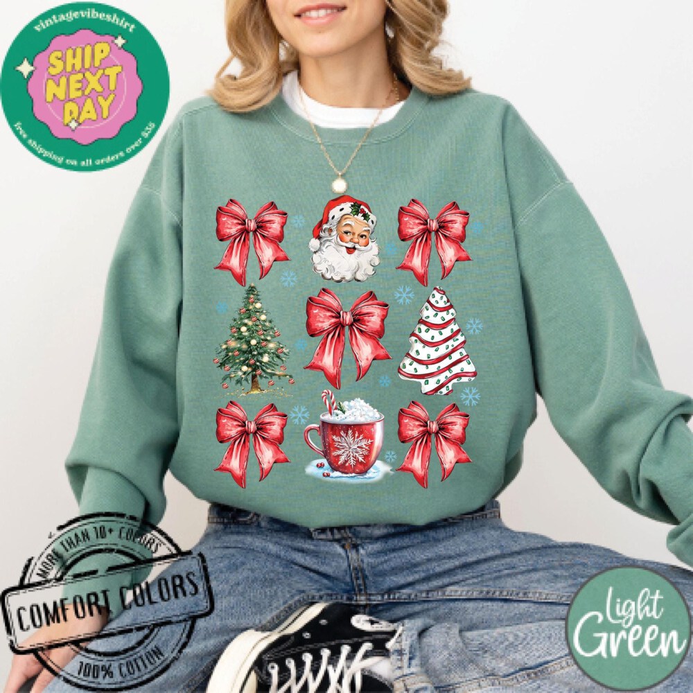 Christmas Coquette Bow Comfort Colors®, Woman Xmas Shirt, Christmas Girl Sweatshirt, Cute Winter Crewneck, Retro Holiday, Merry Christmas