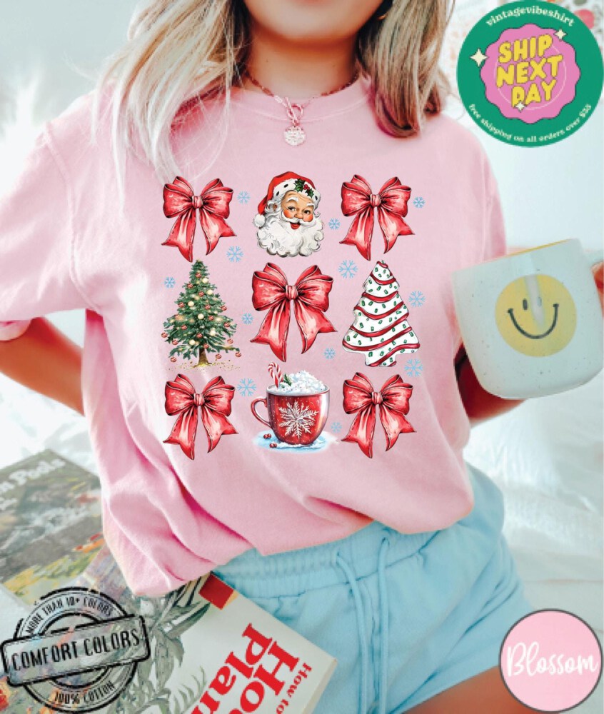 Christmas Coquette Bow Comfort Colors®, Woman Xmas Shirt, Christmas Girl Sweatshirt, Cute Winter Crewneck, Retro Holiday, Merry Christmas