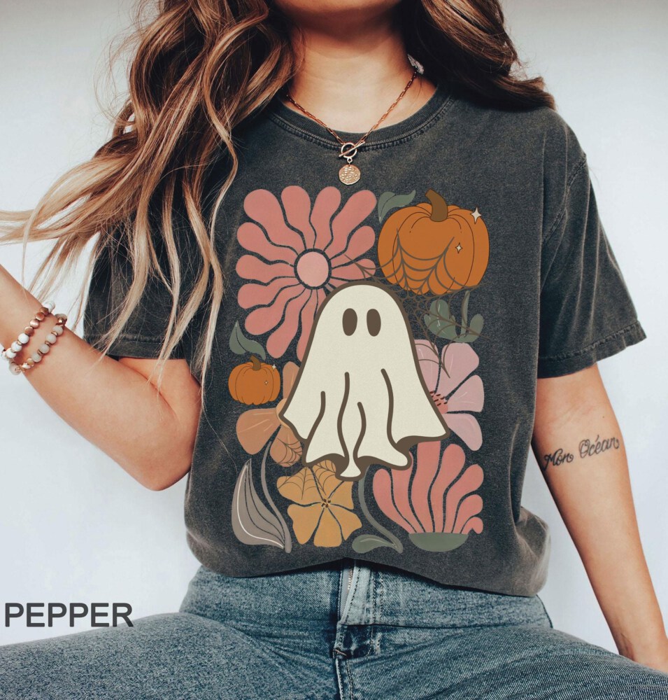 Comfort Colors, Boho Floral Fall T-shirt, Boho Ghost T-shirt, cute shirt for fall, Cute Halloween shirt, iprintasty Halloween