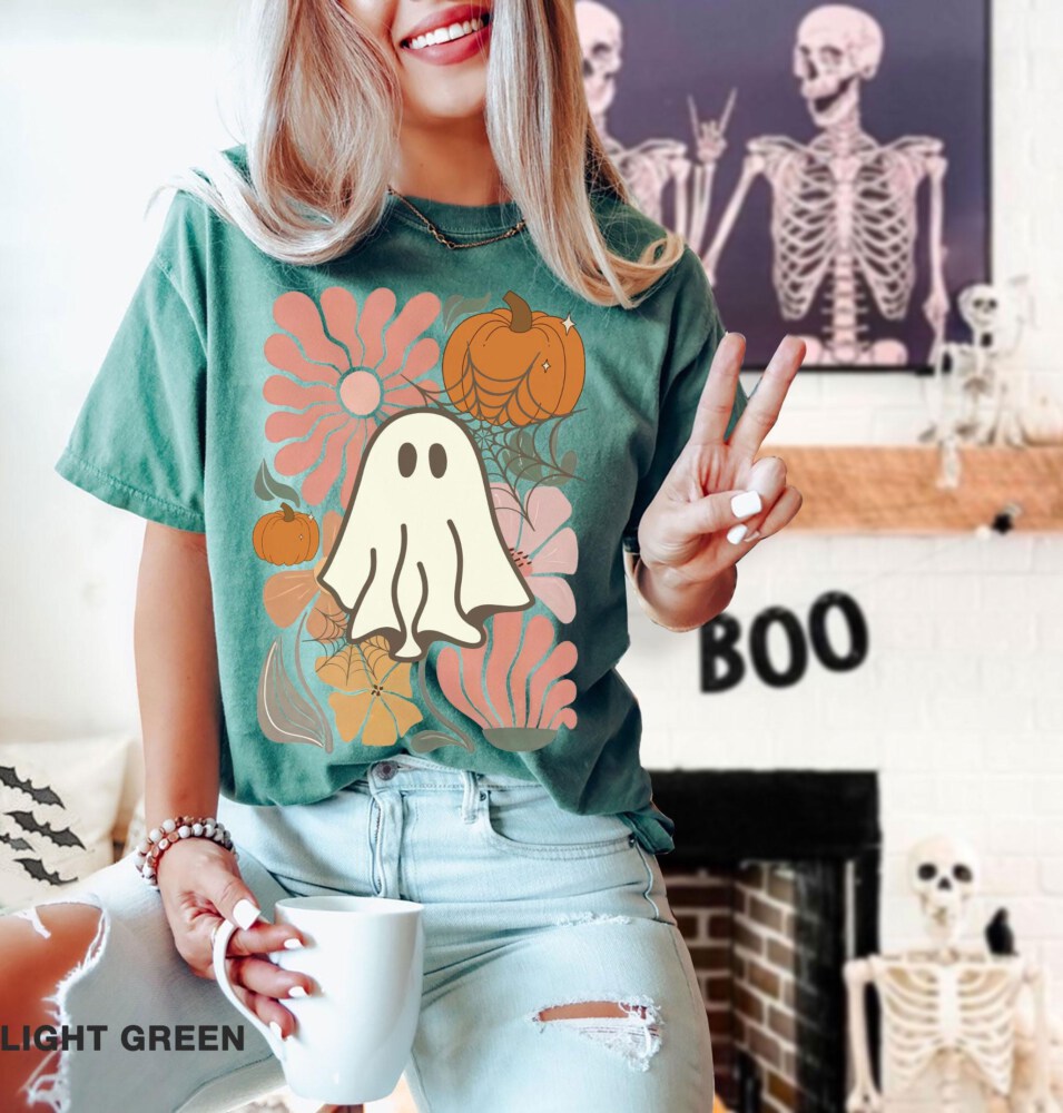 Comfort Colors, Boho Floral Fall T-shirt, Boho Ghost T-shirt, cute shirt for fall, Cute Halloween shirt, iprintasty Halloween