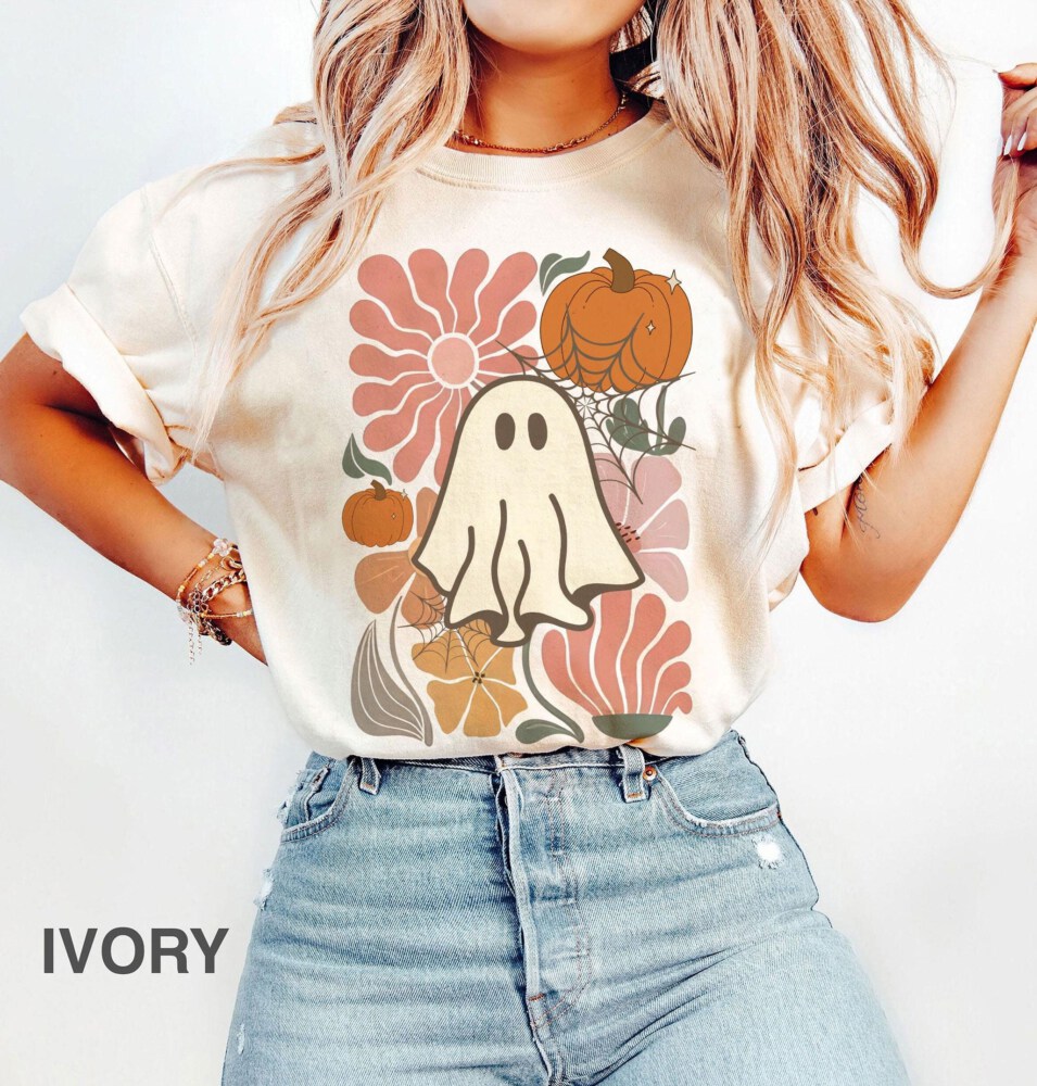 Comfort Colors, Boho Floral Fall T-shirt, Boho Ghost T-shirt, cute shirt for fall, Cute Halloween shirt, iprintasty Halloween