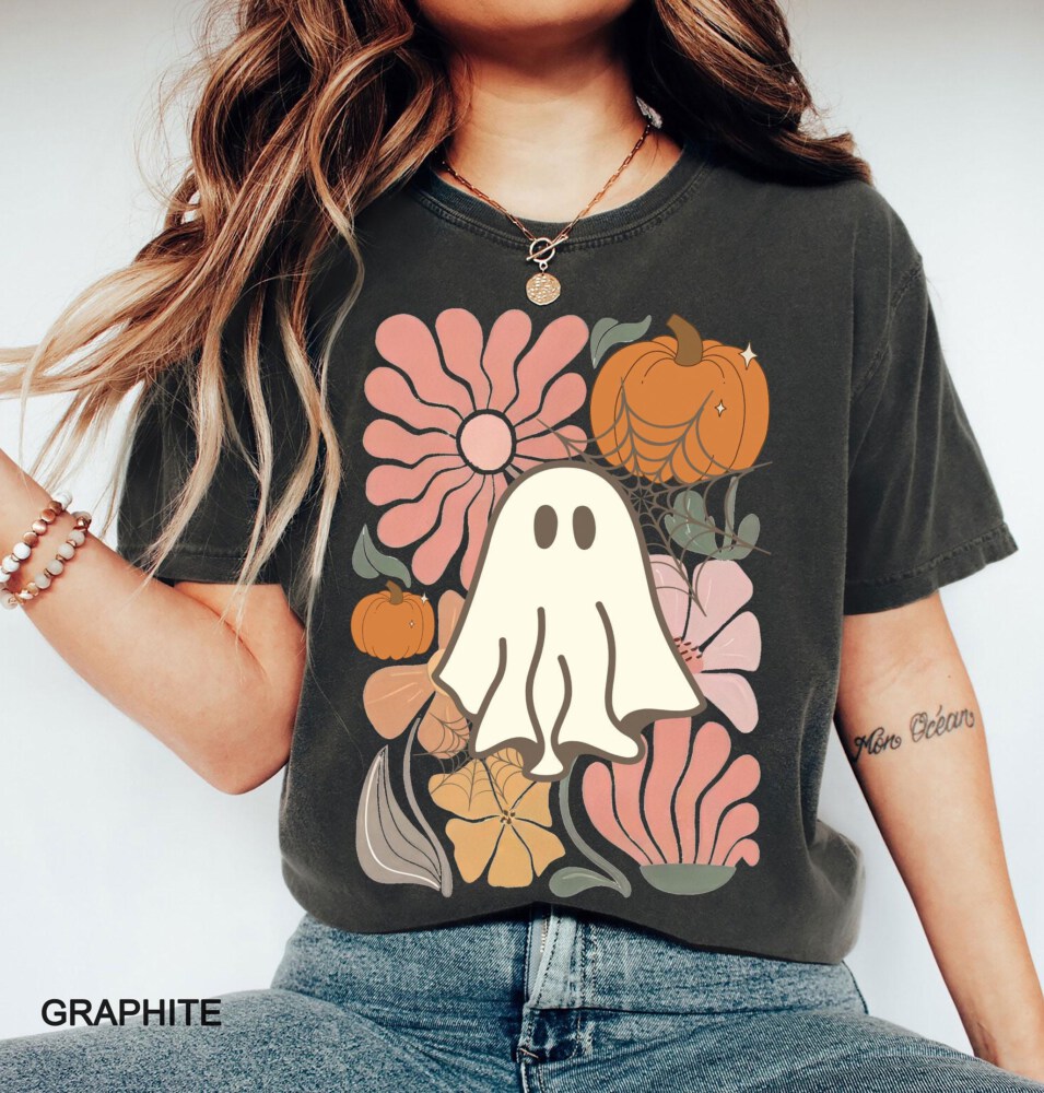 Comfort Colors, Boho Floral Fall T-shirt, Boho Ghost T-shirt, cute shirt for fall, Cute Halloween shirt, iprintasty Halloween