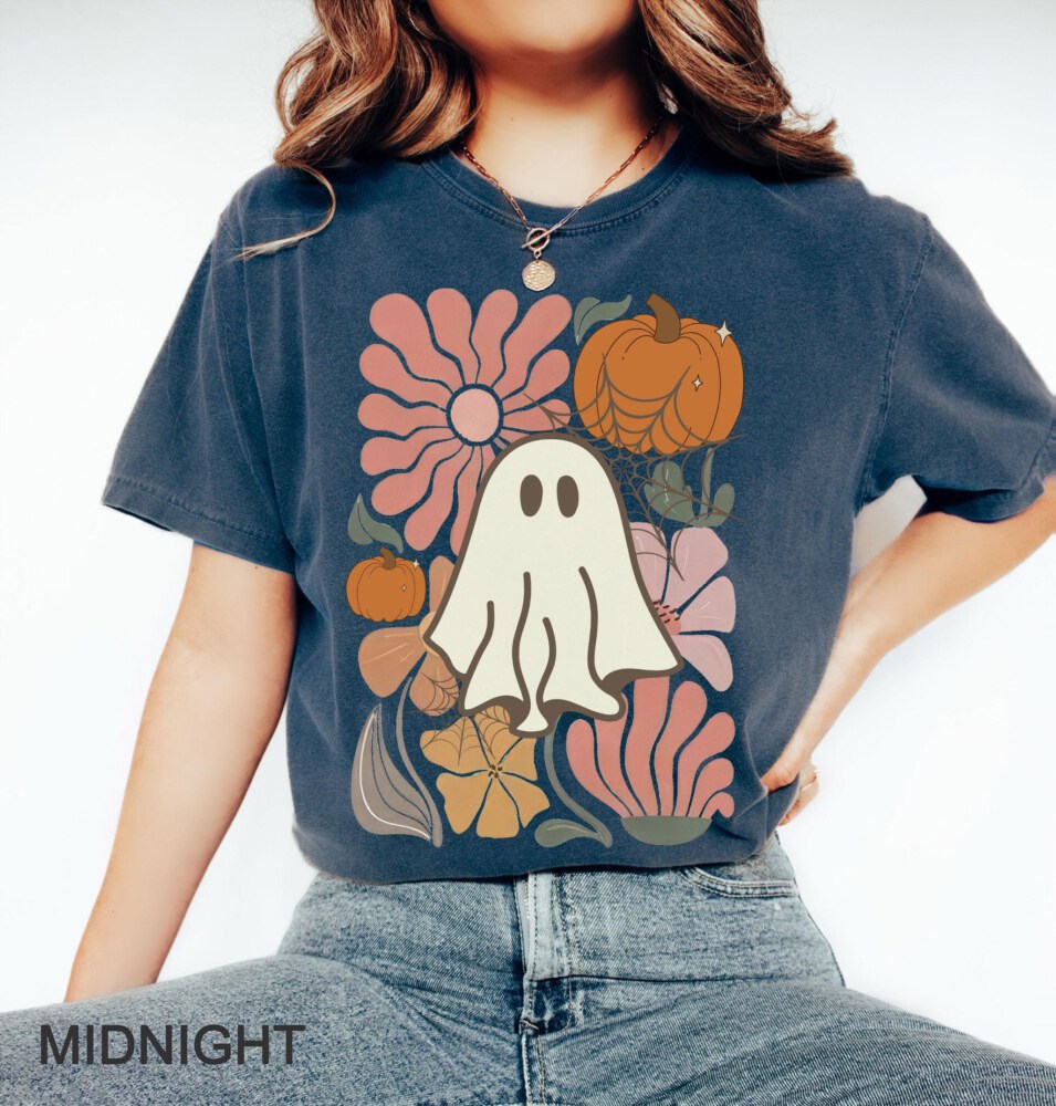 Comfort Colors, Boho Floral Fall T-shirt, Boho Ghost T-shirt, cute shirt for fall, Cute Halloween shirt, iprintasty Halloween