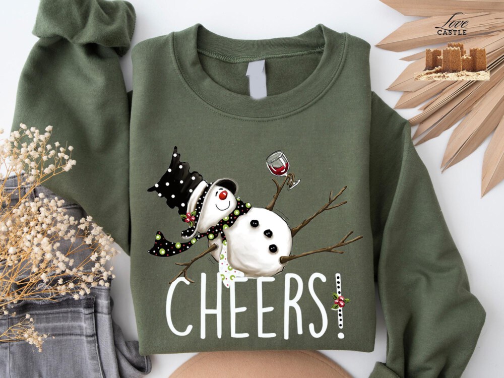 Snowman Wine Christmas Sweatshirt, Funny Christmas Shirts, Wine Holiday Hoodie, Snowman Drinking Wine Santa T-Shirt