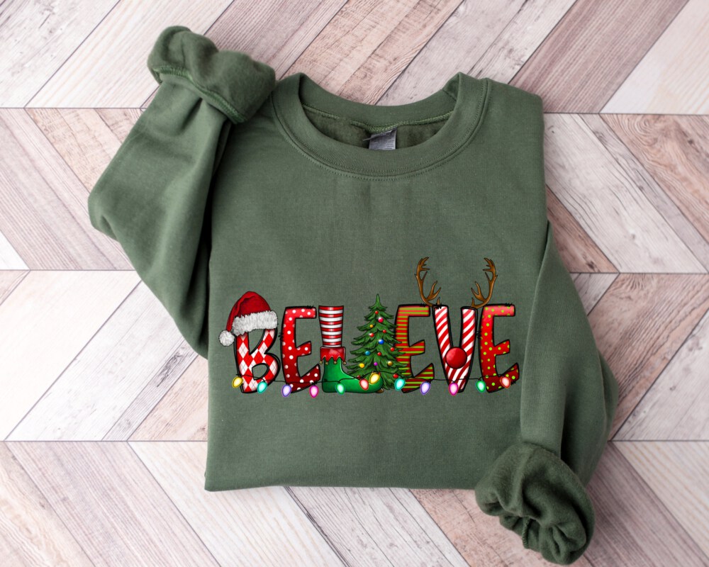 Believe Christmas Sweatshirt, Womens Christmas sweatshirt, Christmas Sweater, Christmas Sweatshirt, christmas pajamas women, Believe Shirt