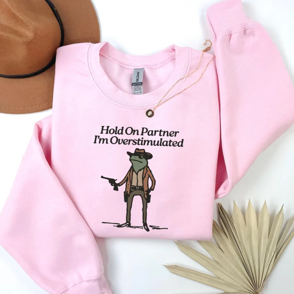 Hold On I'm Overstimulated Sweater, Western Frog Sweatshirt, Trendy Meme Shirt, Womens Sweatshirt, Cute Animal Sweatshirt, Funny Frog Shirts