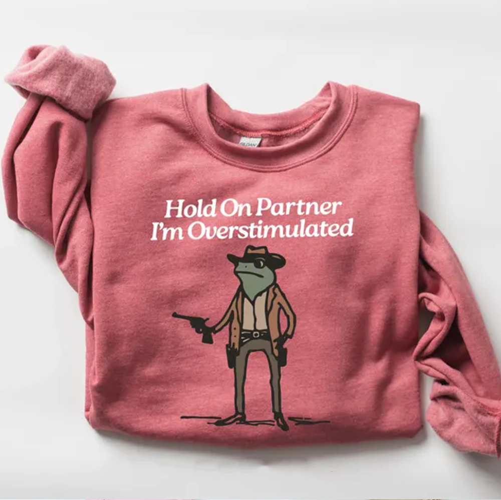 Hold On I'm Overstimulated Sweater, Western Frog Sweatshirt, Trendy Meme Shirt, Womens Sweatshirt, Cute Animal Sweatshirt, Funny Frog Shirts