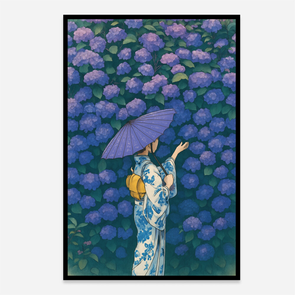 Girl in Kimono by a Wall of Flowers Aesthetic Art Print