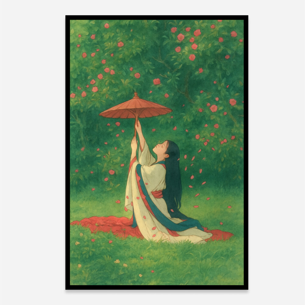 Japanese Girl in a Sea of Blossoms Aesthetic Art Print