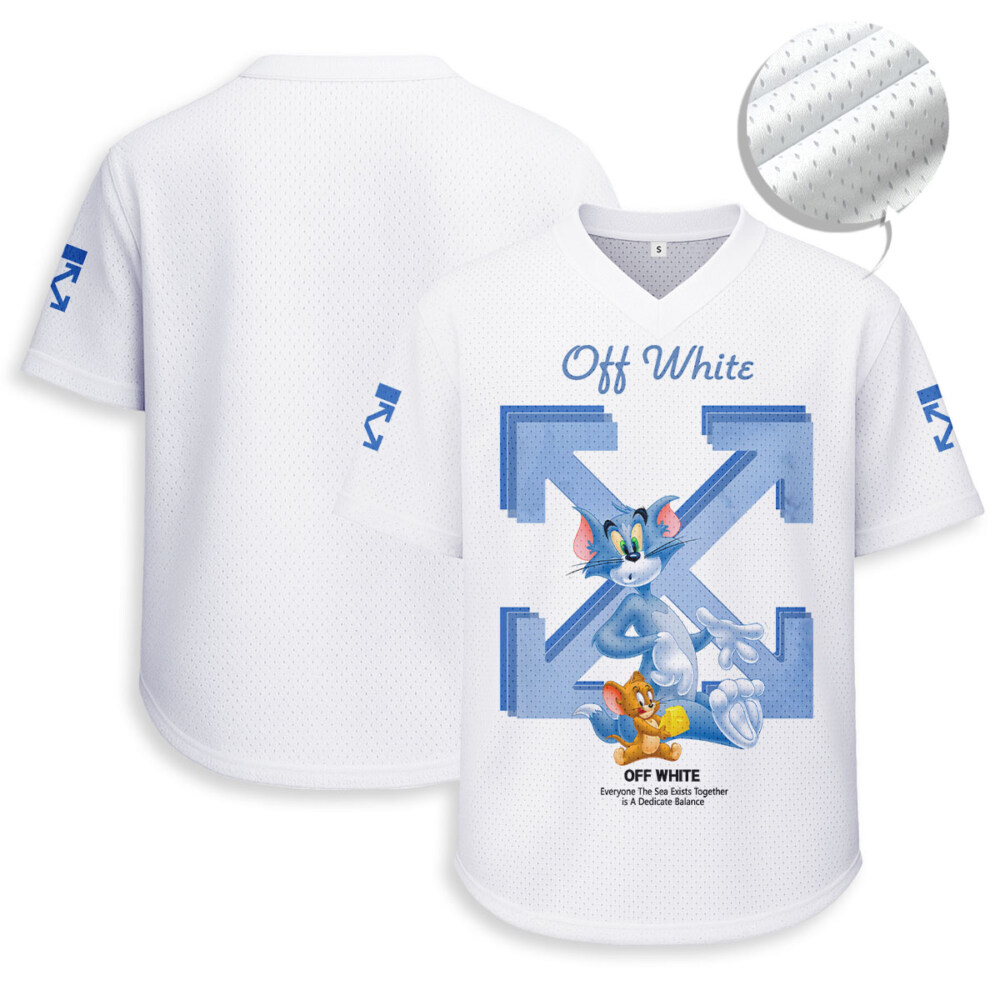 OFF WHITE, Tom and Jerry - Unisex V-Neck Mesh Tee - Relaxed Fit