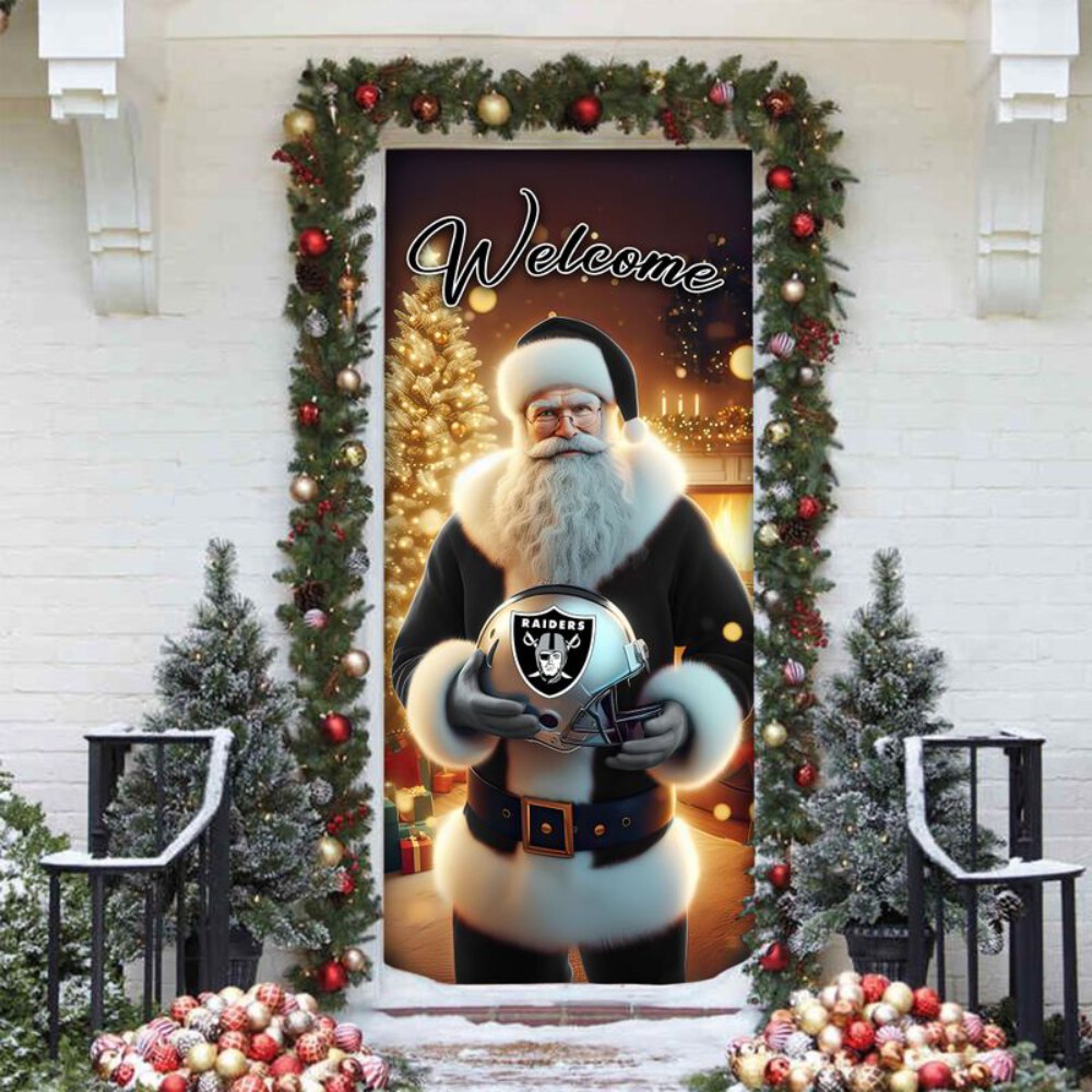 Stocktee Las Vegas Raiders Santa Welcomes Christmas Door Cover NEW155406