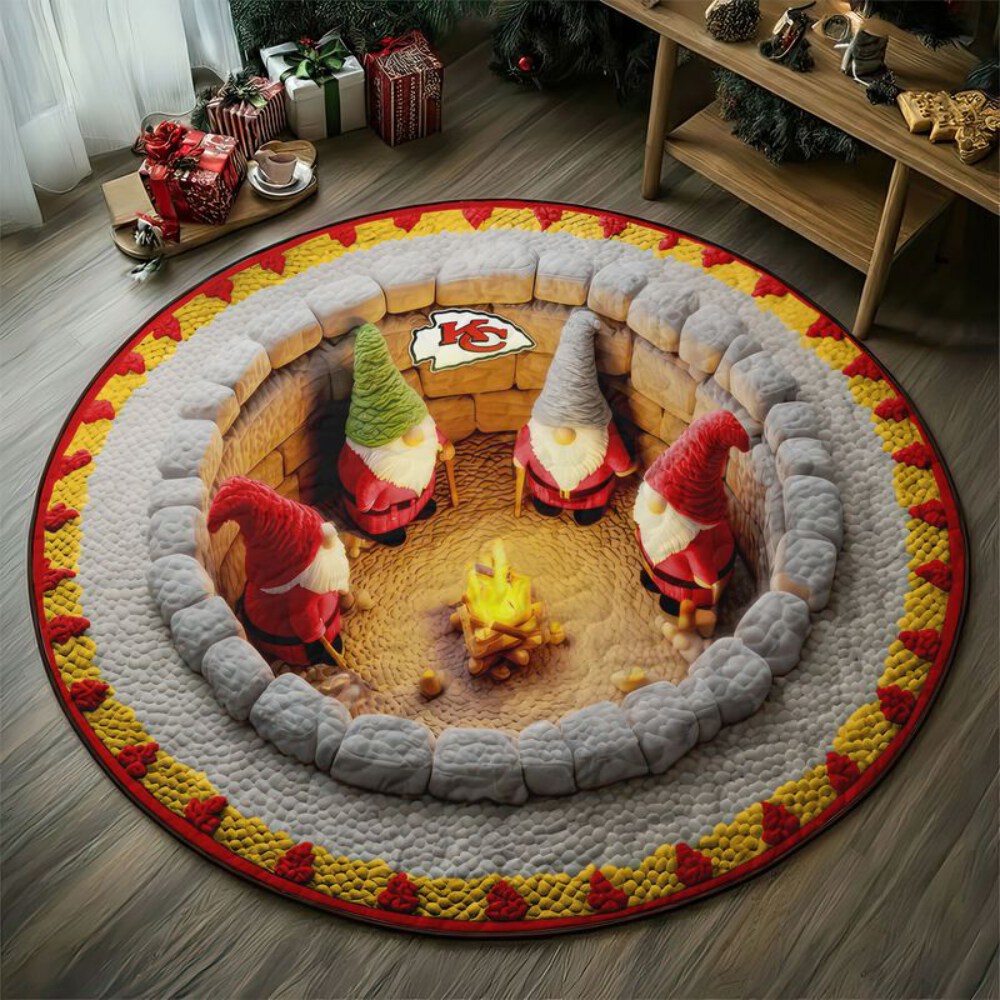 Stocktee Kansas City Chiefs Gnomes Gathering Christmas Limited Edition Winter Season Round Quilted Floor Mat NEW159110